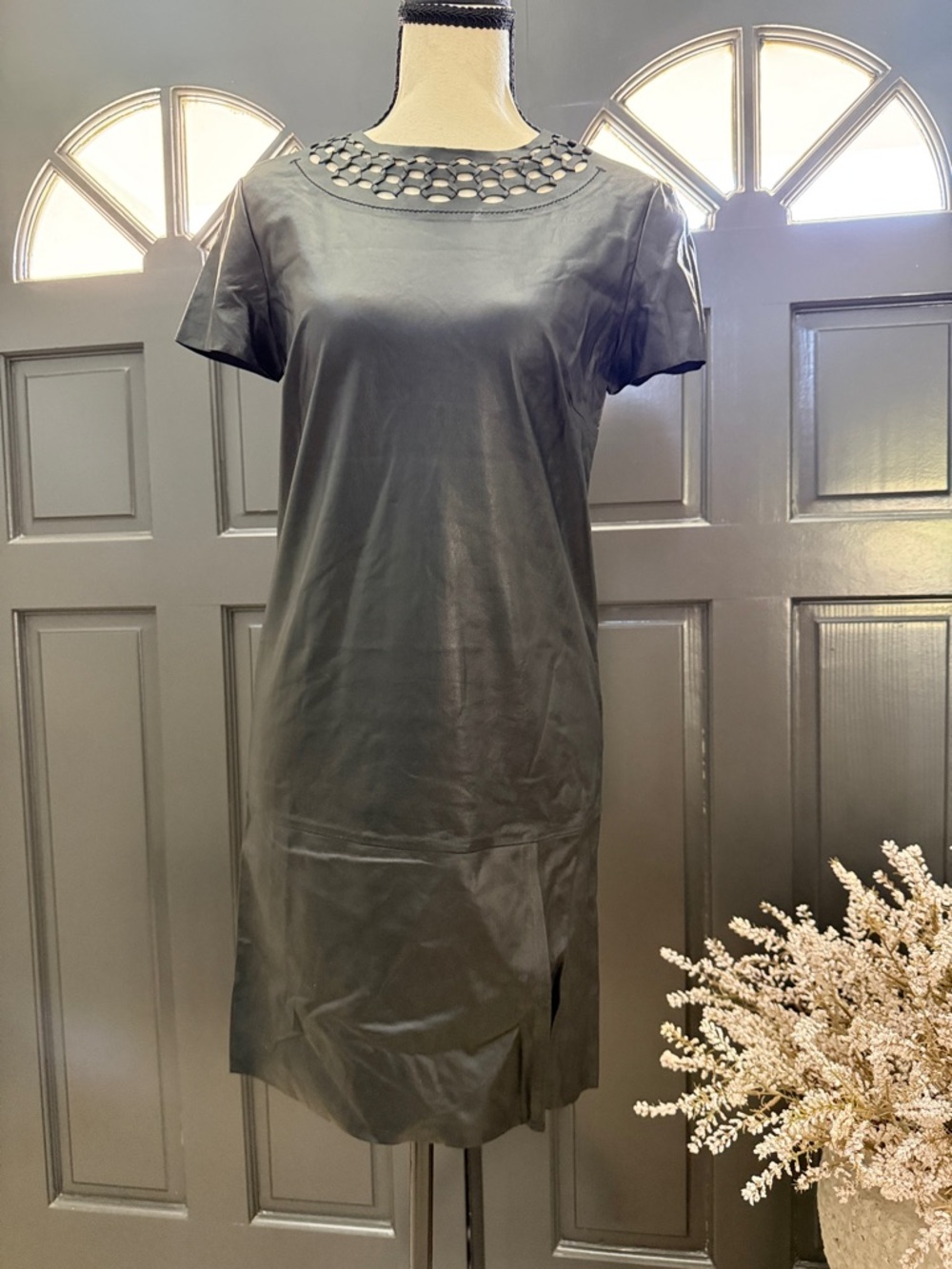 Diane Von Furstenberg Black Genuine Leather MIDI Dress with Eyelet Neckline
